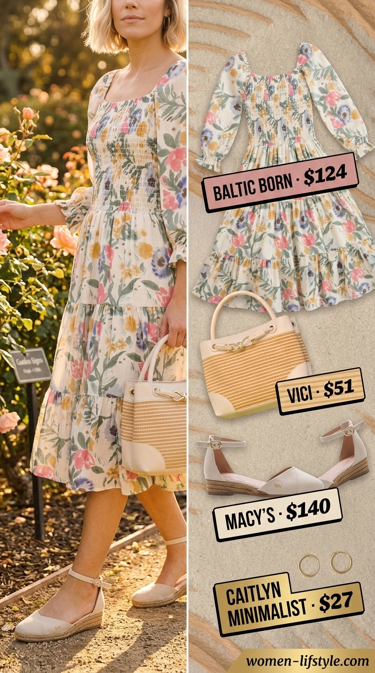 Casual outfit inspo summer for women 2026: Floral midi dress, espadrilles, and straw bag for a garden party.