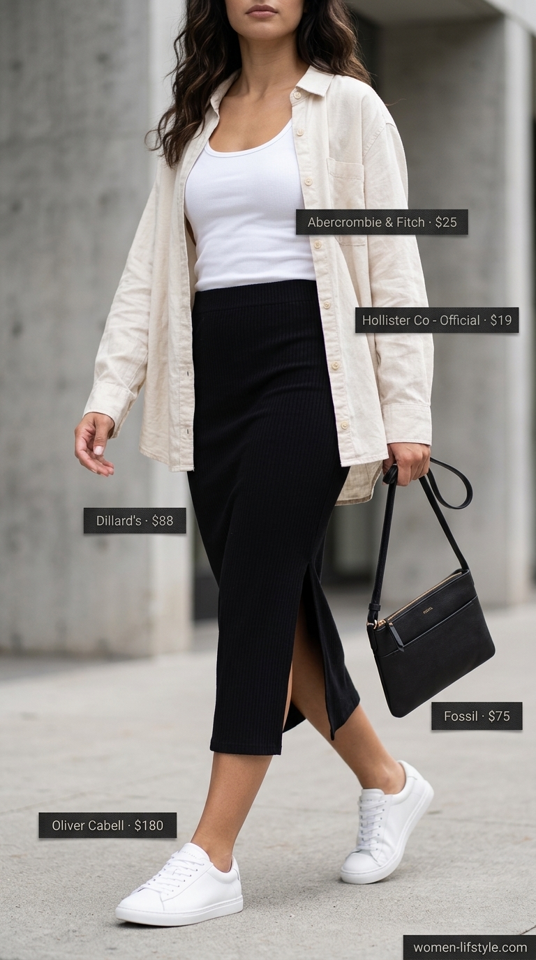 Casual outfit inspo summer for women 2026: Black midi skirt, white tank, linen shirt, and sneakers for a day out.
