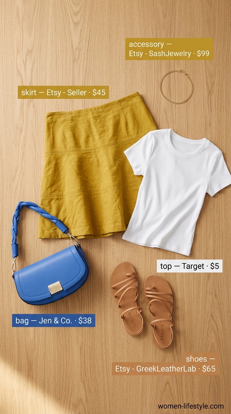 Casual outfit inspo summer for women 2026: Mustard mini skirt, white tee, crossbody bag, sandals.