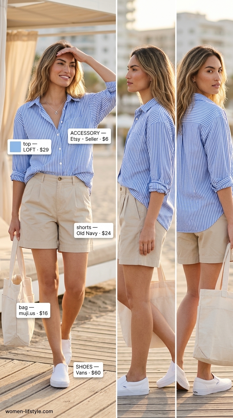 Casual outfit inspo summer for women 2026: Light blue striped shirt, beige shorts, canvas sneakers, canvas tote.