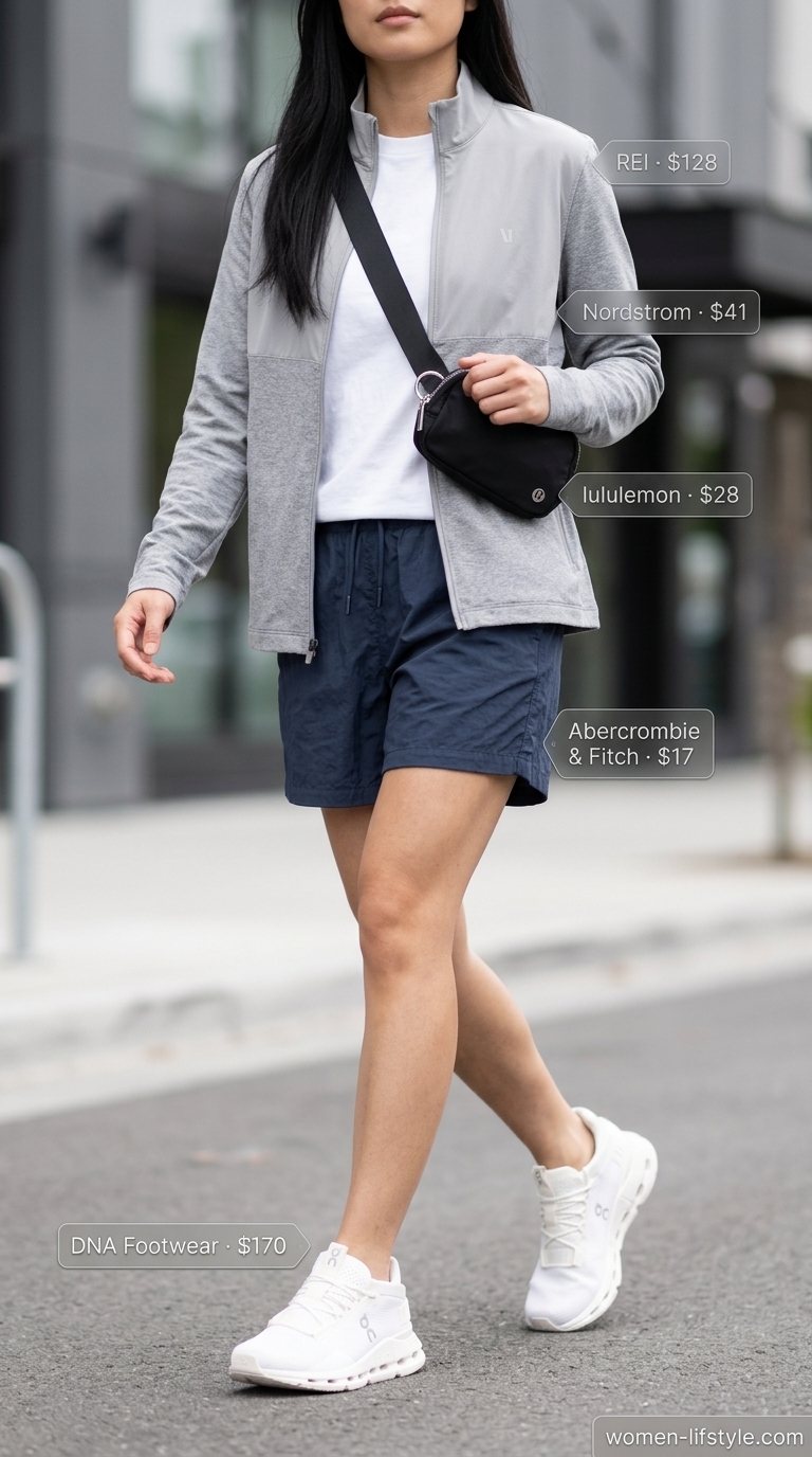 Casual outfit inspo summer for women 2026: Navy athletic shorts, graphic tee, and track jacket for an active day.