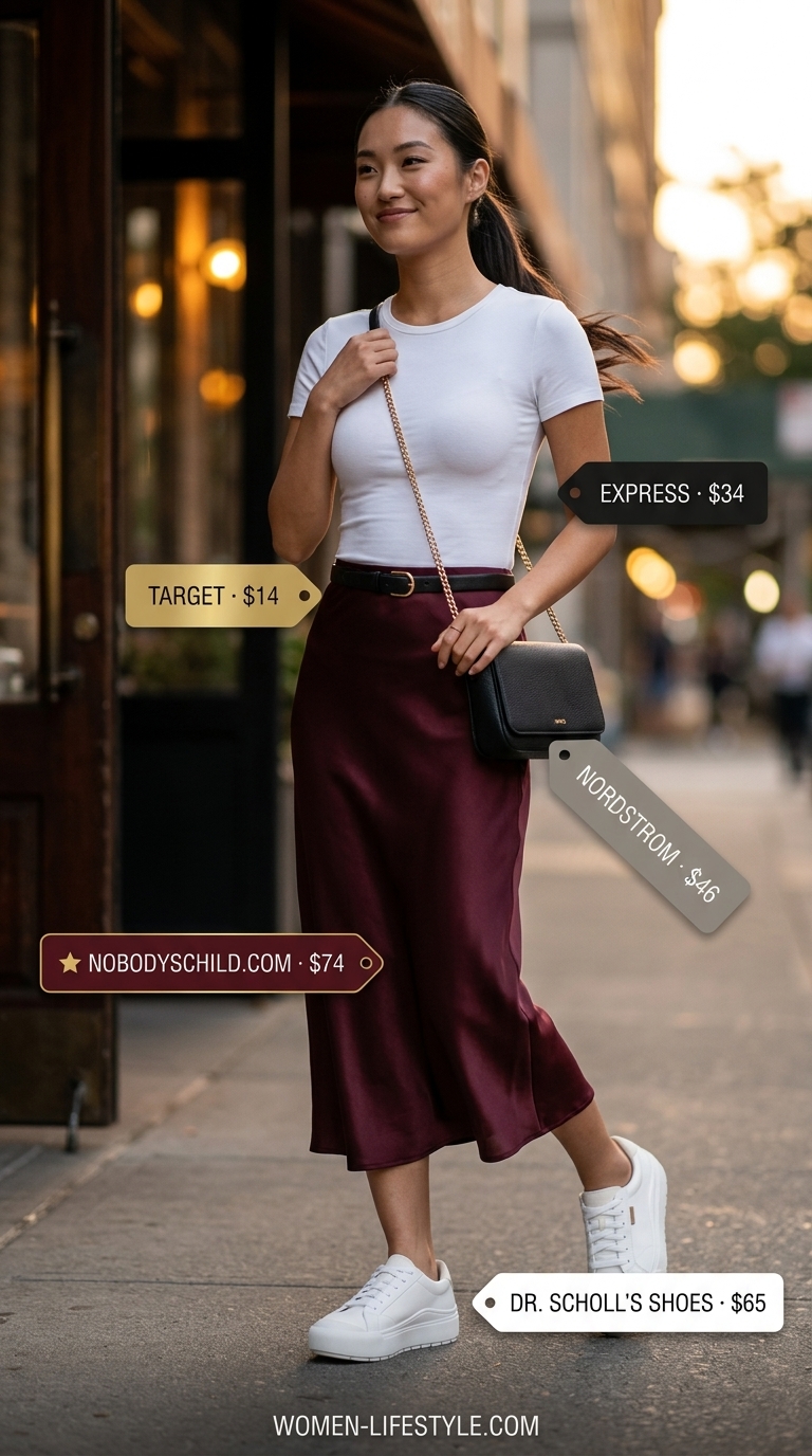 Casual outfit inspo summer for women 2026: Burgundy slip skirt, white tee, white sneakers, black crossbody.