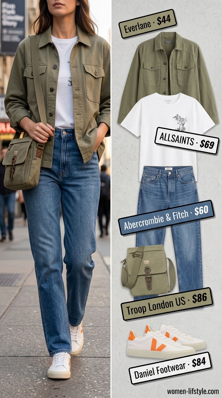 Casual outfit inspo summer for women 2026: White graphic tee, olive shacket, high-waisted jeans, white sneakers.