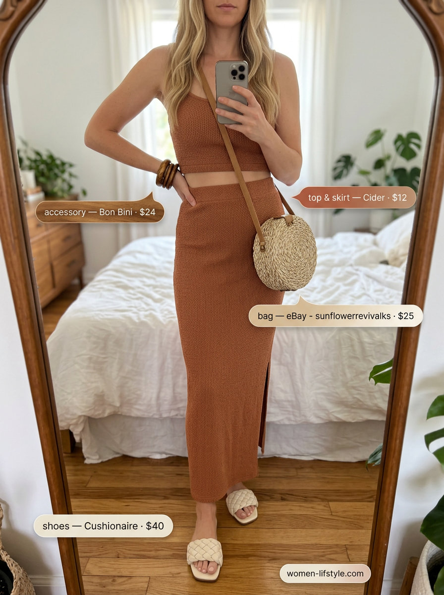 Boho Breeze Maxi dress for casual outfits for women with Inverted Triangle Shape 2026. Terracotta orange, cream, wood accessories.