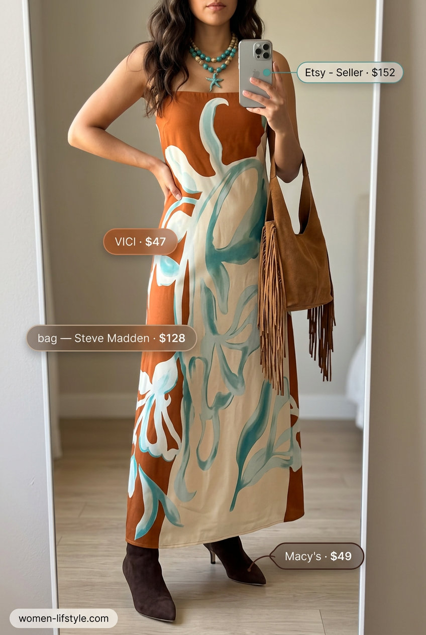 Bohemian Rhapsody maxi dress in rust orange and teal for casual outfits for women with Inverted Triangle Shape 2026.