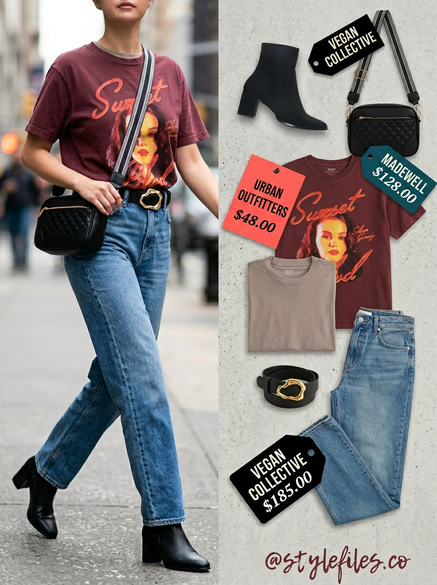 Casual outfits for women with Inverted Triangle Shape 2026: Burgundy graphic tee, relaxed jeans, black crossbody bag, and ankle boots.