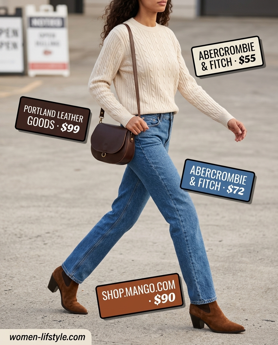 Casual outfits for women with Inverted Triangle Shape 2026: Cream cable knit sweater, straight-leg jeans, and brown suede boots.