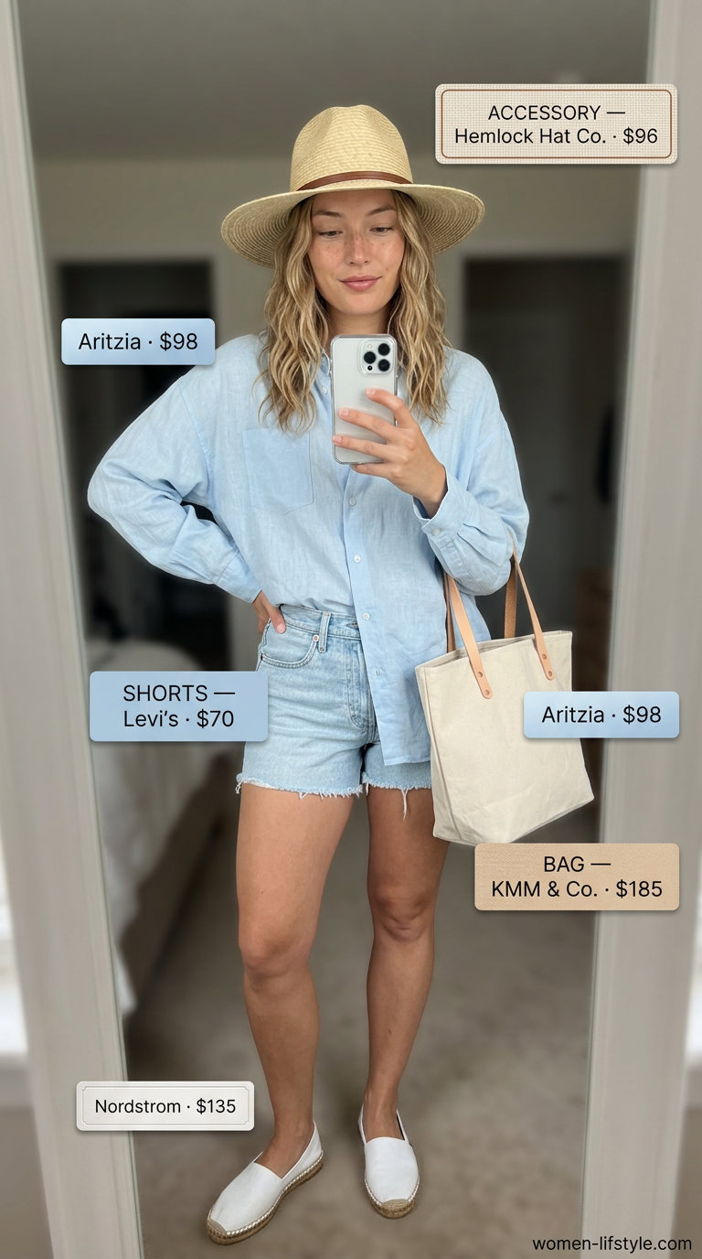 Casual outfits for women with Inverted Triangle Shape 2026: Denim shorts, oversized linen shirt, espadrilles, and straw hat.