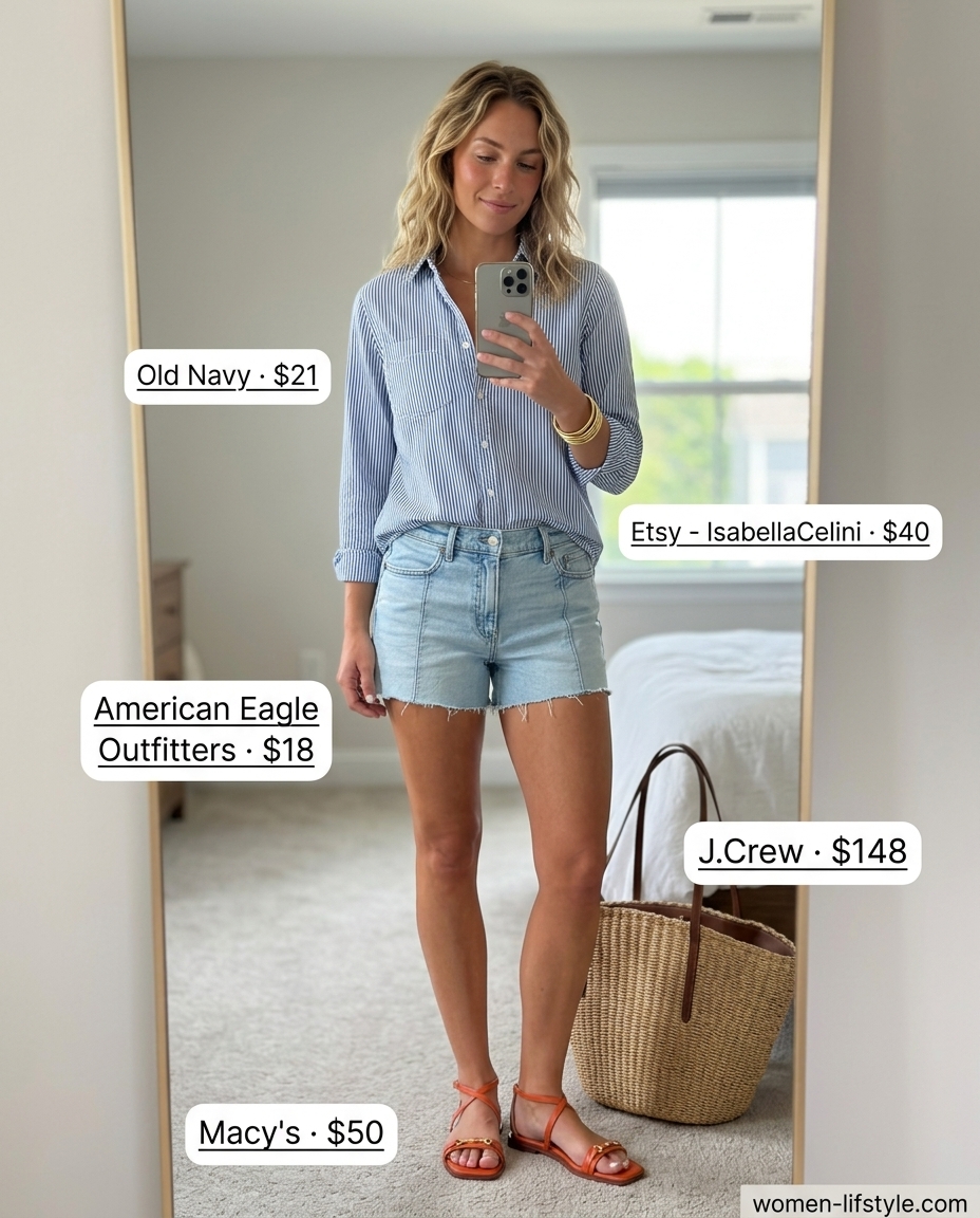 Casual outfits for women with Inverted Triangle Shape 2026: Denim shorts, flowy peasant blouse, strappy sandals, and straw tote.