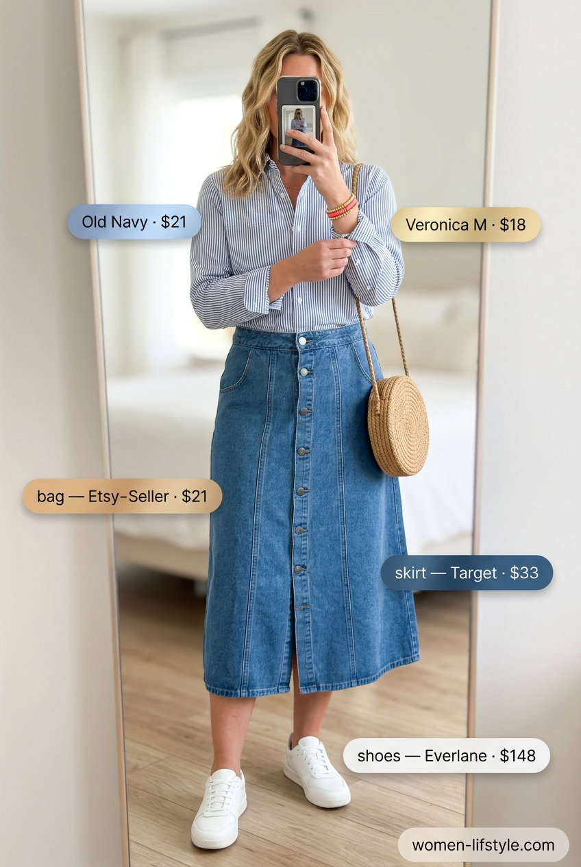 Casual outfits for women with Inverted Triangle Shape 2026: A-line denim skirt, oversized white shirt, white sneakers, and straw bag.