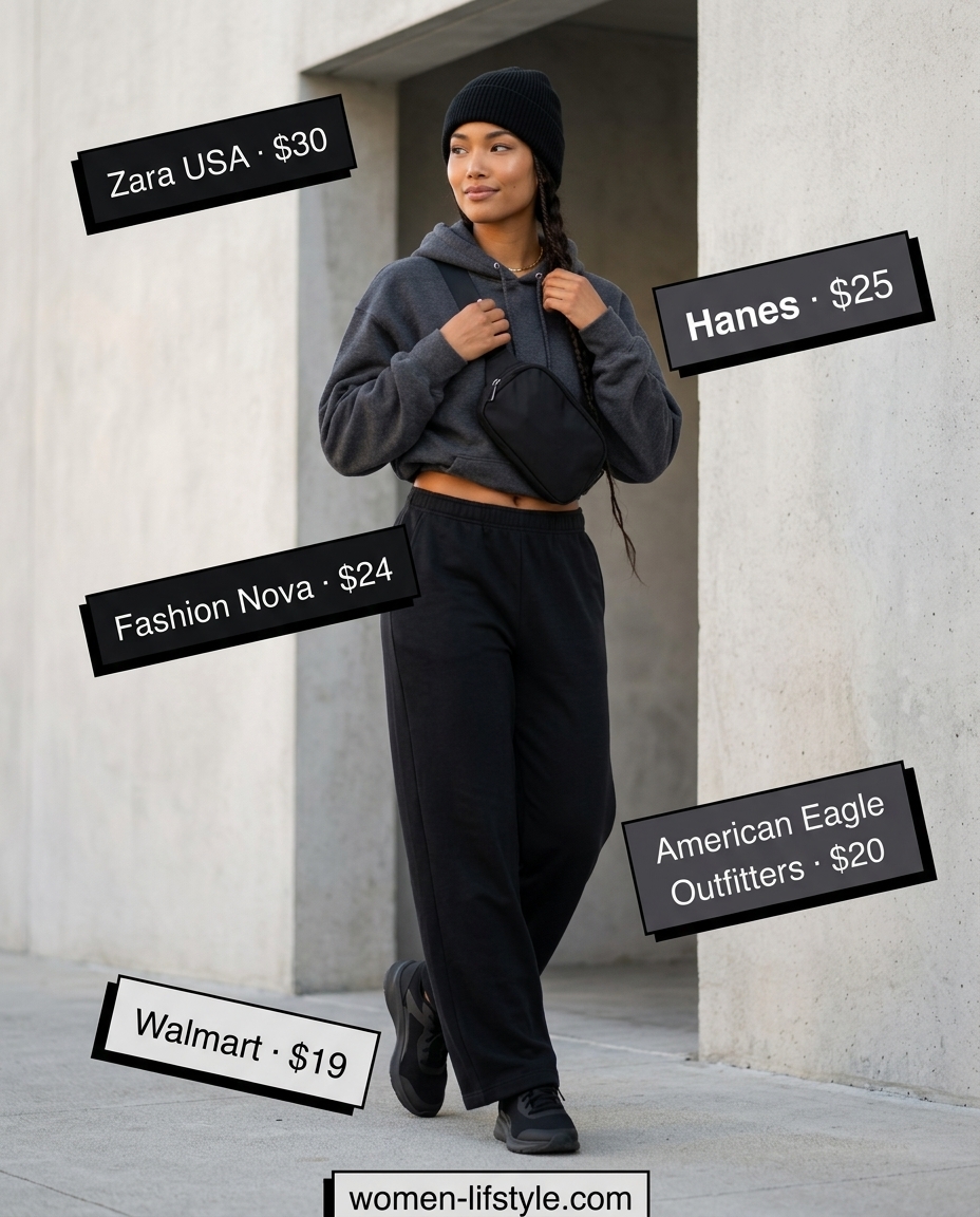 Casual outfits for women with Inverted Triangle Shape 2026: Charcoal grey hoodie and jogger set with black sneakers and beanie.