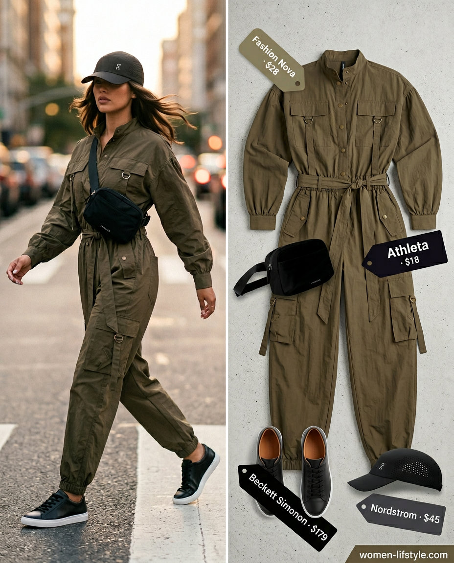 Casual outfits for women with Inverted Triangle Shape 2026: Khaki utility jumpsuit, black belt bag, baseball cap, and sneakers.