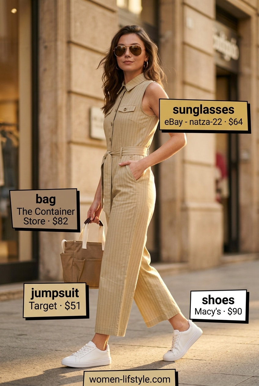 Casual outfits for women with Inverted Triangle Shape 2026: Khaki utility jumpsuit, white sneakers, canvas tote, and sunglasses.