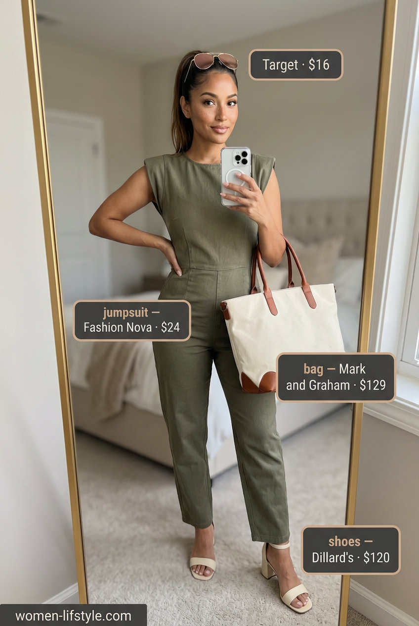 Casual outfits for women with Inverted Triangle Shape 2026: Khaki utility jumpsuit, tan sandals, canvas tote, and aviator sunglasses.