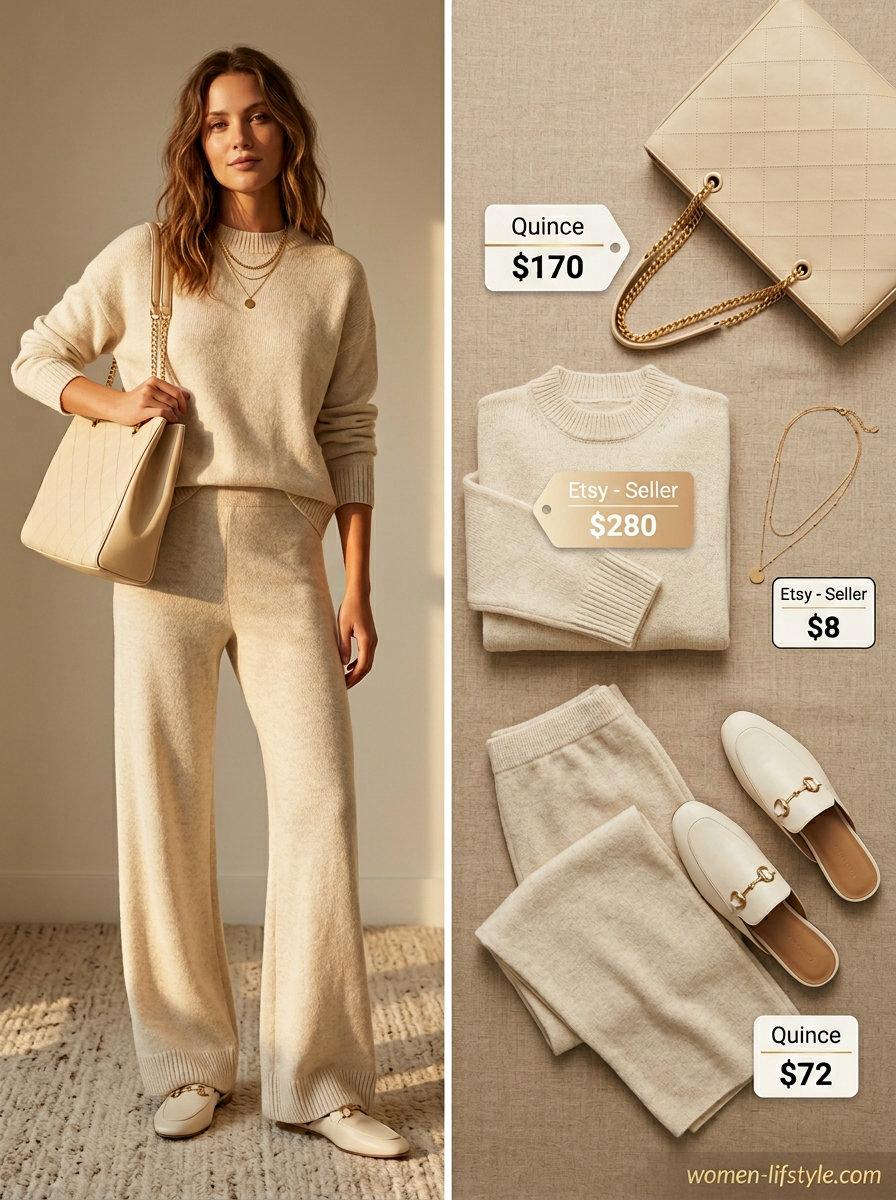 Soft beige knit set for cozy casual outfits for women with Inverted Triangle Shape 2026.