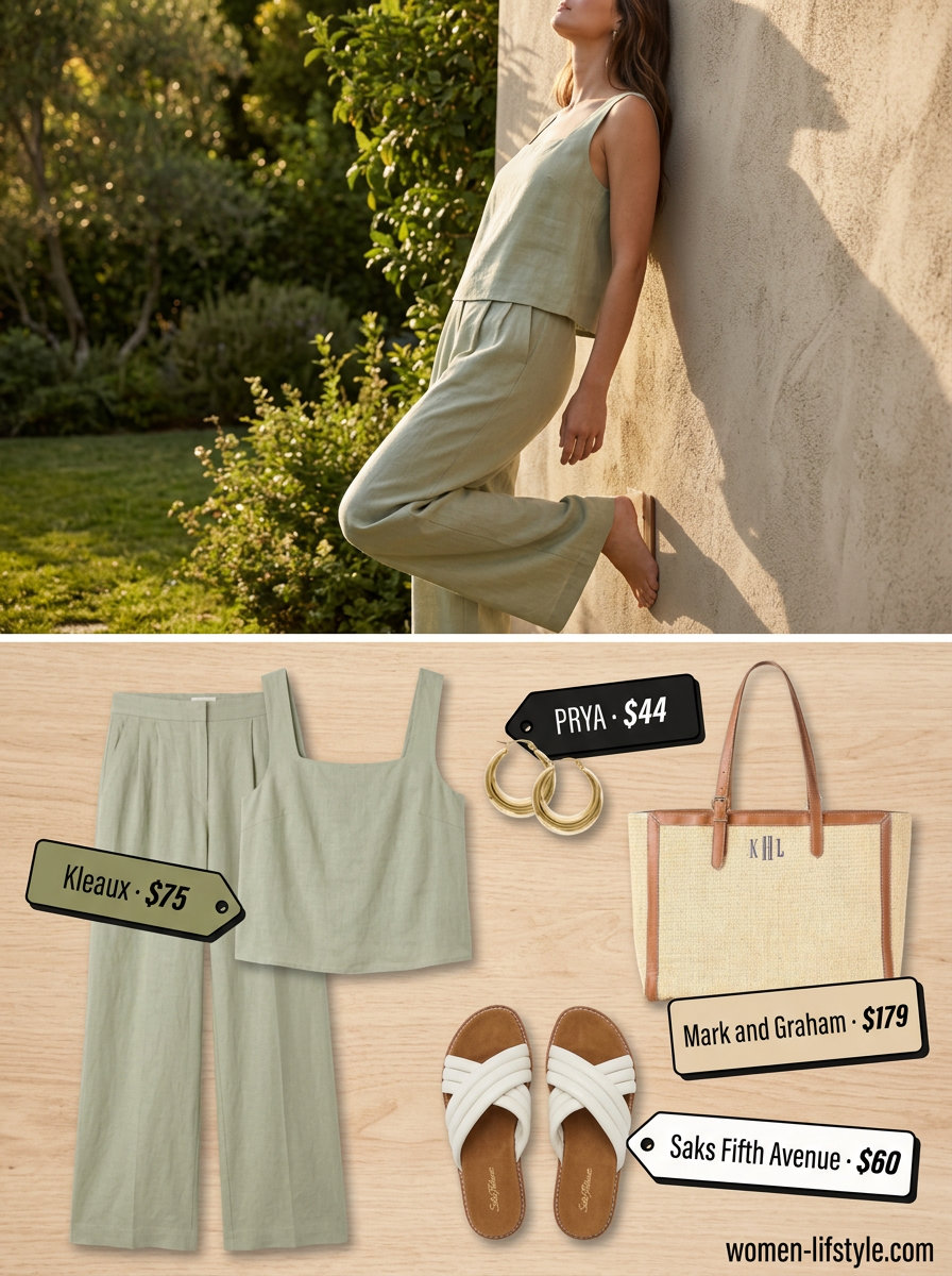 Casual outfits for women with Inverted Triangle Shape 2026: Sage green linen set with ivory slides and raffia tote.