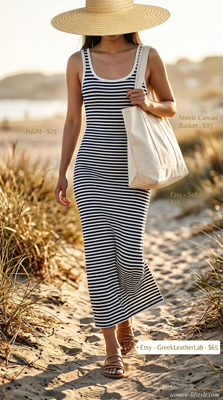 Casual outfits for women with Inverted Triangle Shape 2026: White maxi t-shirt dress, straw hat, flat sandals, and canvas tote.