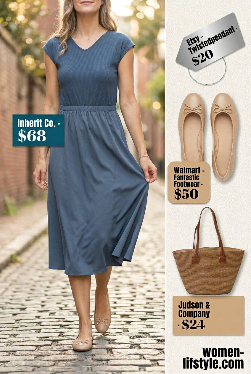 Muted blue A-line midi dress with beige flats for casual outfits for women with Inverted Triangle Shape 2026.