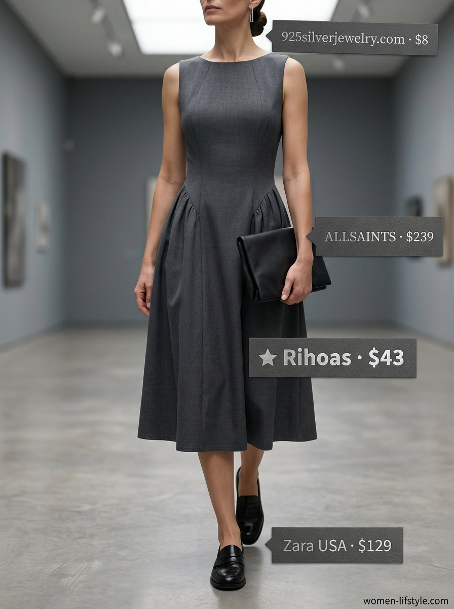 Charcoal grey A-line midi dress with black loafers for modern minimalist casual outfits for women with Inverted Triangle Shape 2026.