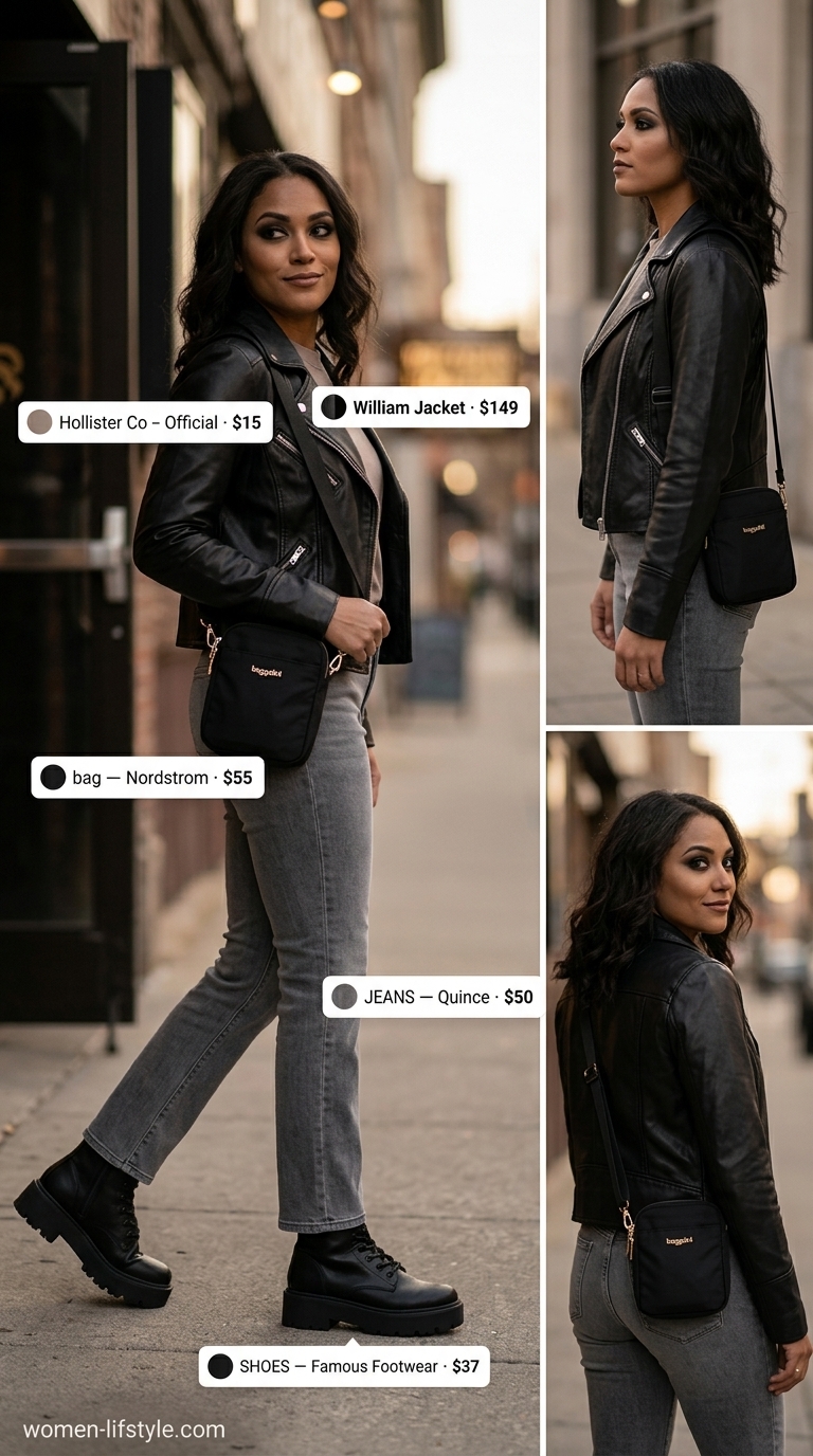 Casual outfits for women with Inverted Triangle Shape 2026: Black moto jacket, grey jeans, band tee, combat boots, and crossbody bag.
