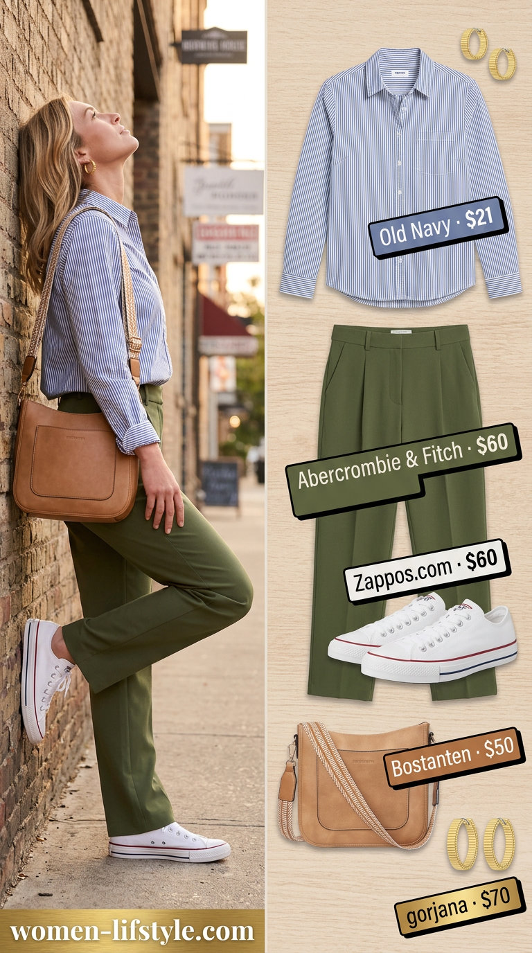 Casual outfits for women with Inverted Triangle Shape 2026: Fitted knit top, olive green trousers, sneakers, and structured bag.