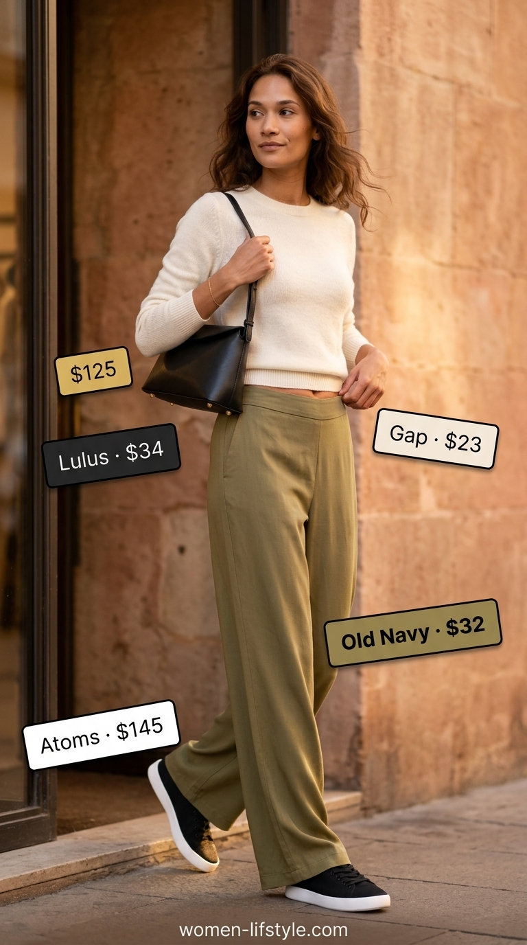Casual outfits for women with Inverted Triangle Shape 2026: Wide-leg olive trousers, fitted knit sweater, sneakers, and crossbody bag.
