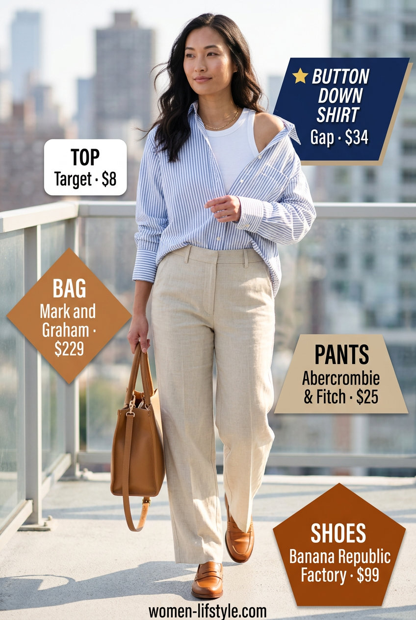 Striped button-down shirt and linen trousers for casual outfits for women with Inverted Triangle Shape 2026.