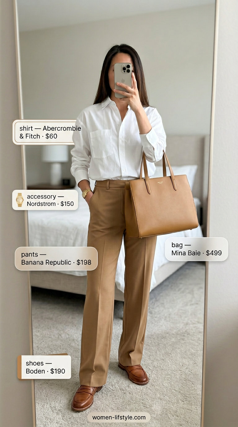 Casual outfits for women with Inverted Triangle Shape 2026: Beige trousers, white poplin shirt, leather loafers, and structured tote.