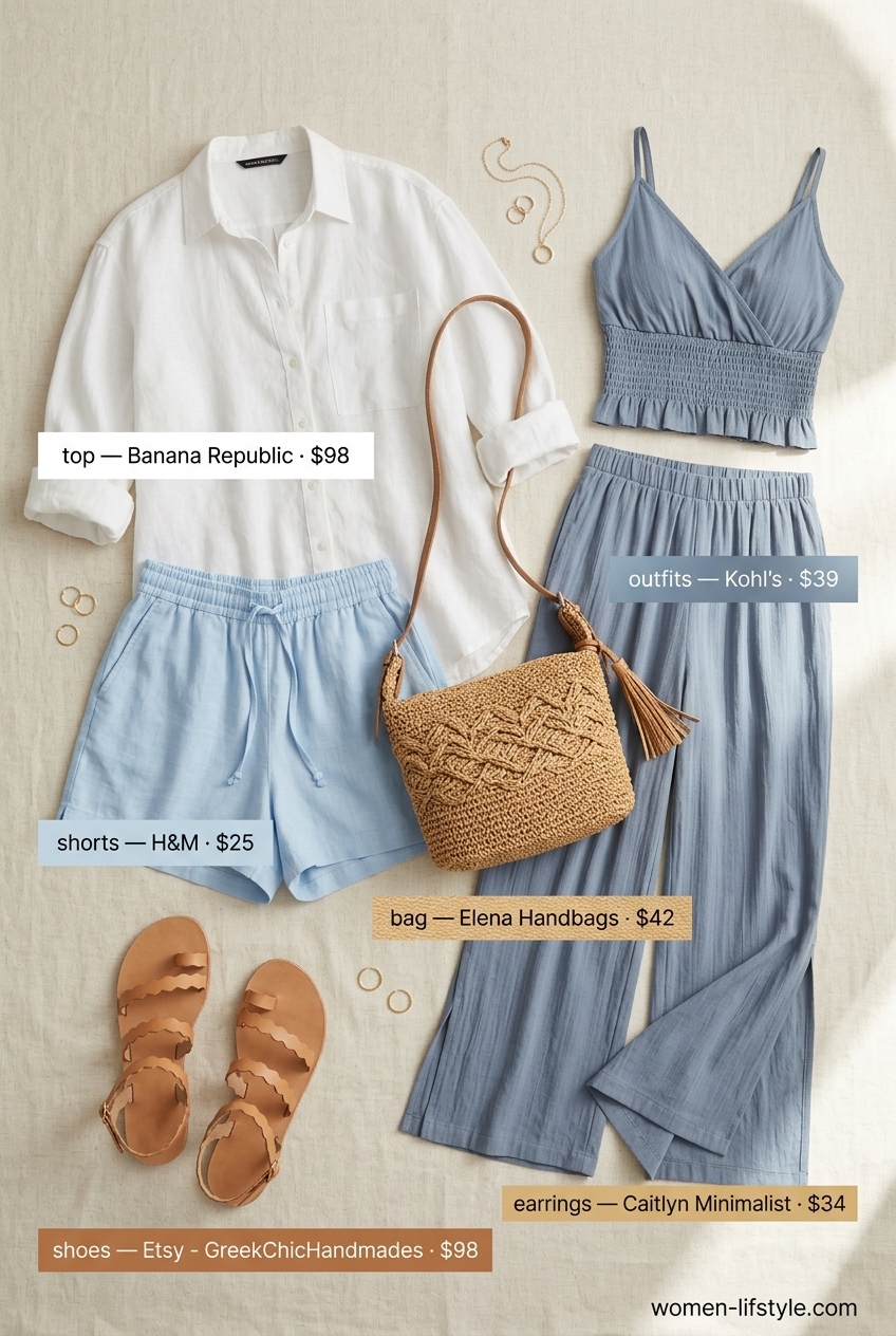 Casual outfits for women with Inverted Triangle Shape 2026: Oversized white shirt, linen shorts, straw bag, and flat sandals.