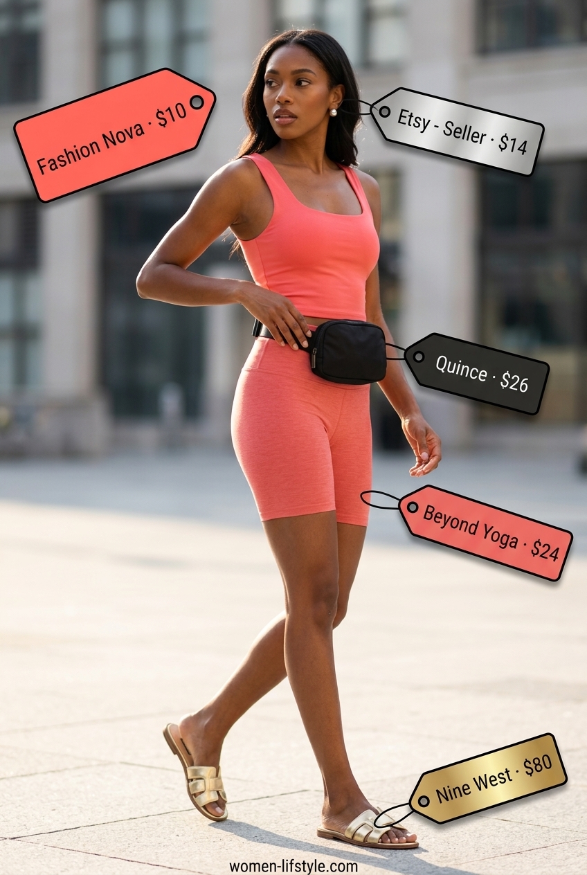 Sporty athleisure outfit 2026: Coral biker shorts, matching crop top, and versatile black sandals.