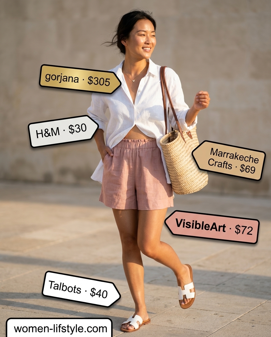 Casual summer outfits with sandals 2026: Blush linen set, straw tote, white sandals, gold necklace.