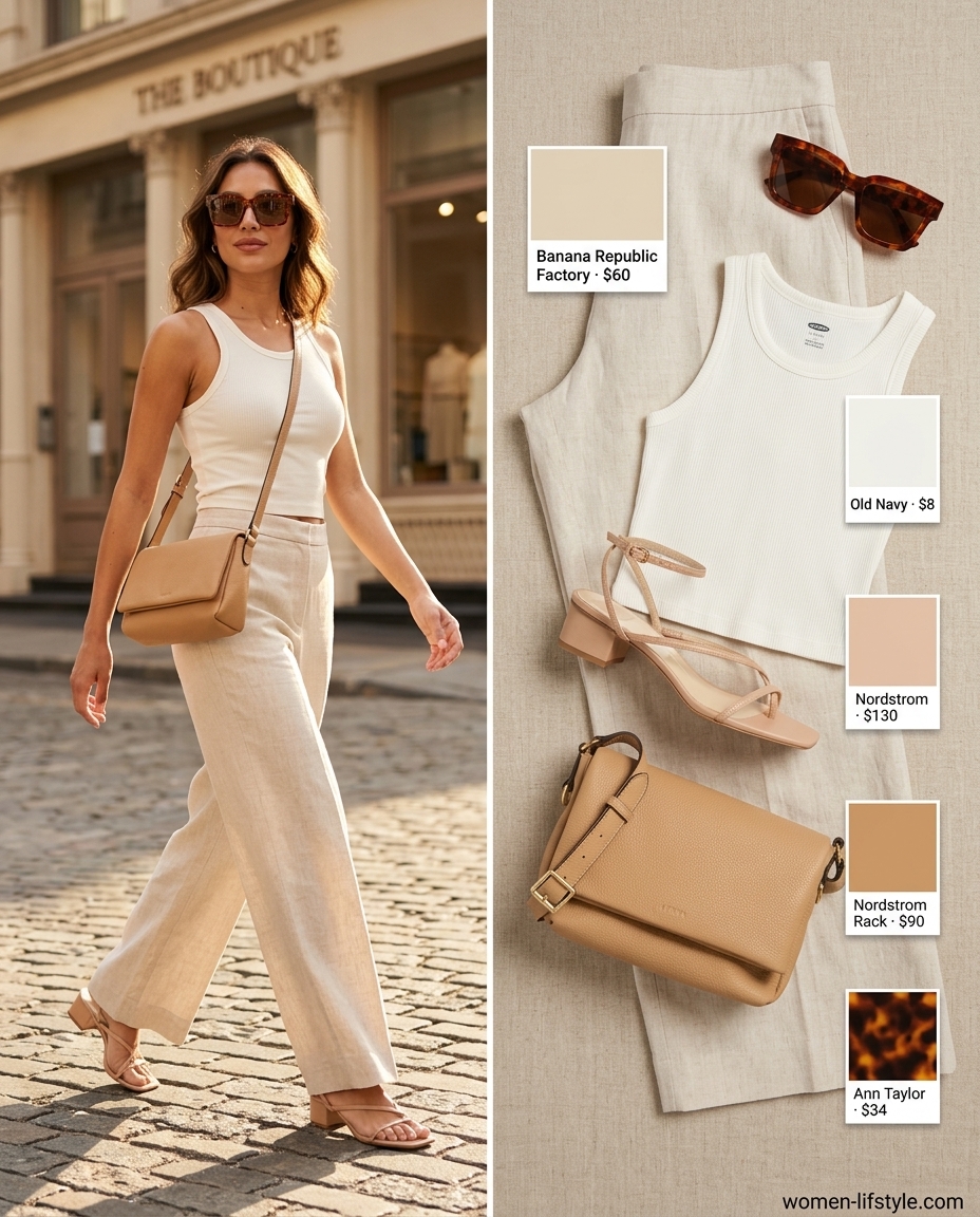 Chic city summer outfit 2026: Cream wide-leg linen pants, fitted knit top, and tan leather block heel sandals.
