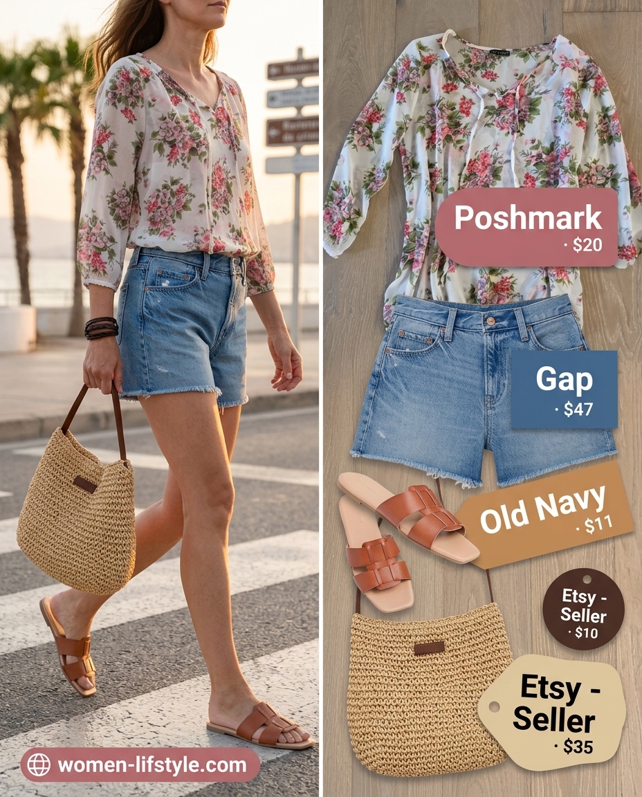Casual summer outfits with sandals 2026: Denim shorts, floral blouse, straw tote, and tan sandals for weekend.