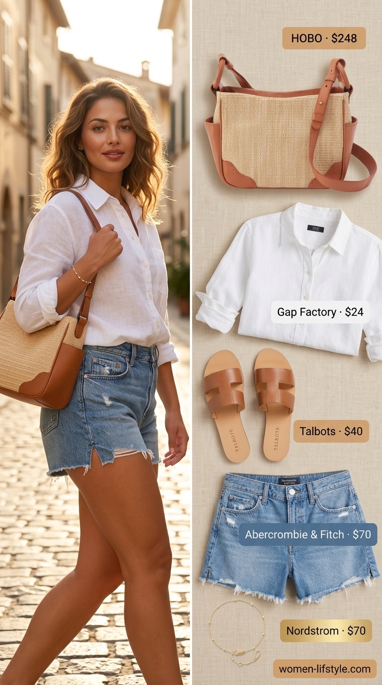 Relaxed summer outfit 2026: Denim shorts, white linen shirt, and tan leather slide sandals.