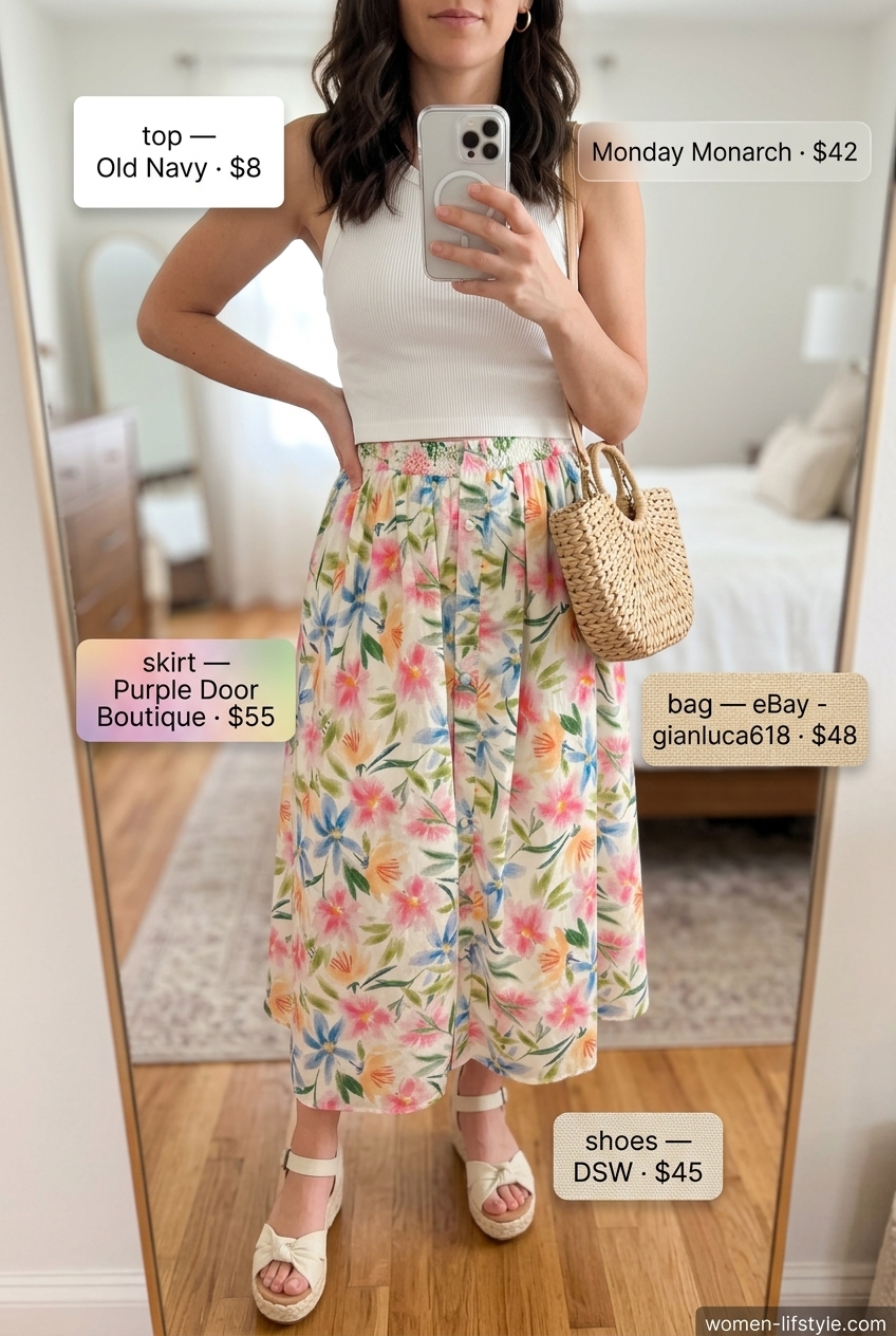 Garden Party Midi Skirt: Pastel floral skirt, white tank, espadrille sandals. Casual summer outfits with sandals 2026.