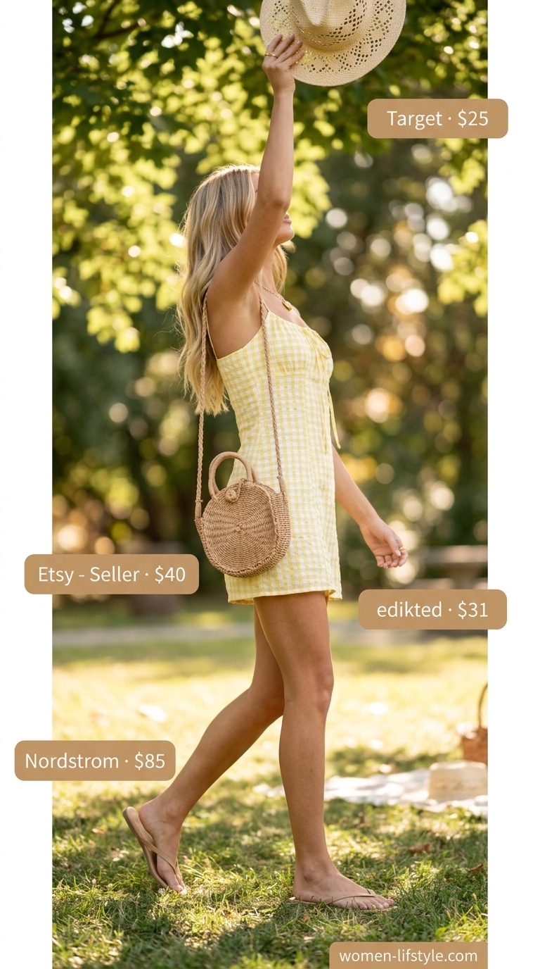 Playful Mini Dress: Yellow gingham dress, straw bag, tan sandals. Casual summer outfits with sandals 2026.