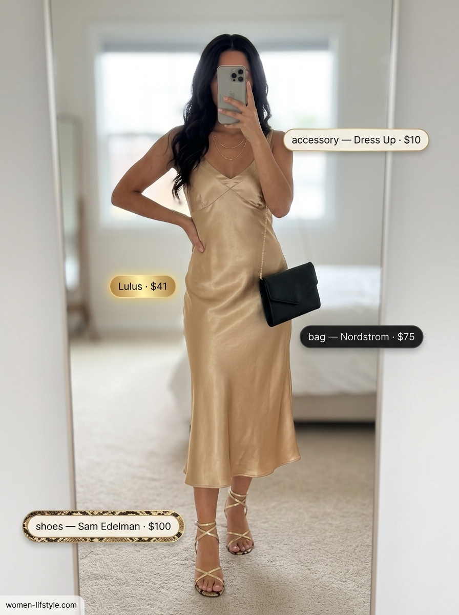 Elegant summer evening outfit 2026: Champagne gold satin slip dress and gold metallic flat sandals.