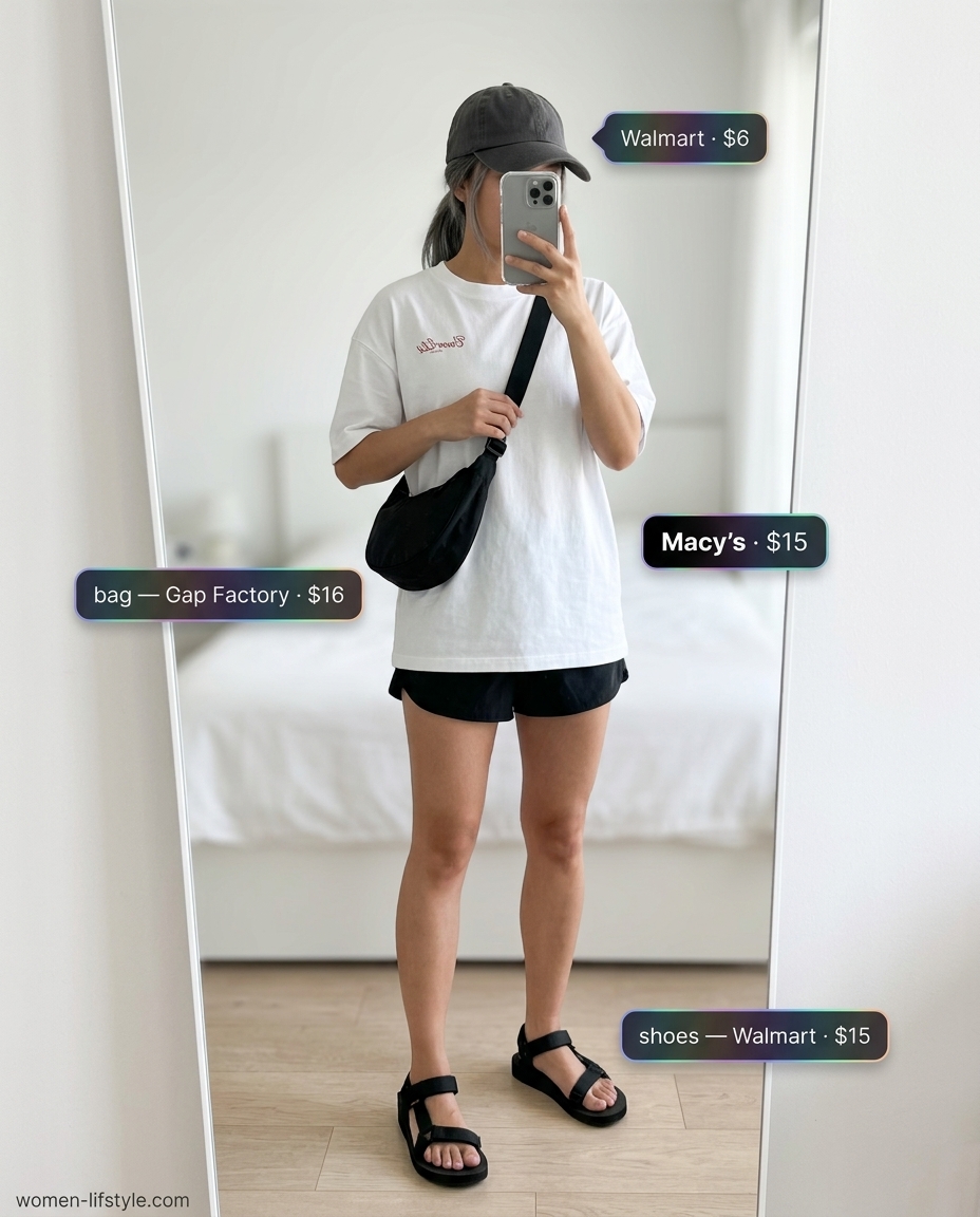 Casual summer outfits with sandals 2026: Grey midi skirt, graphic tee, black sandals, and baseball cap for errands.