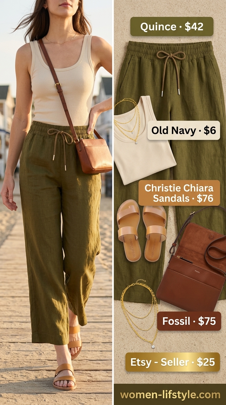 Coastal Breeze Linen outfit: Sage green linen pants, cream tank, tan sandals. Casual summer outfits with sandals 2026.