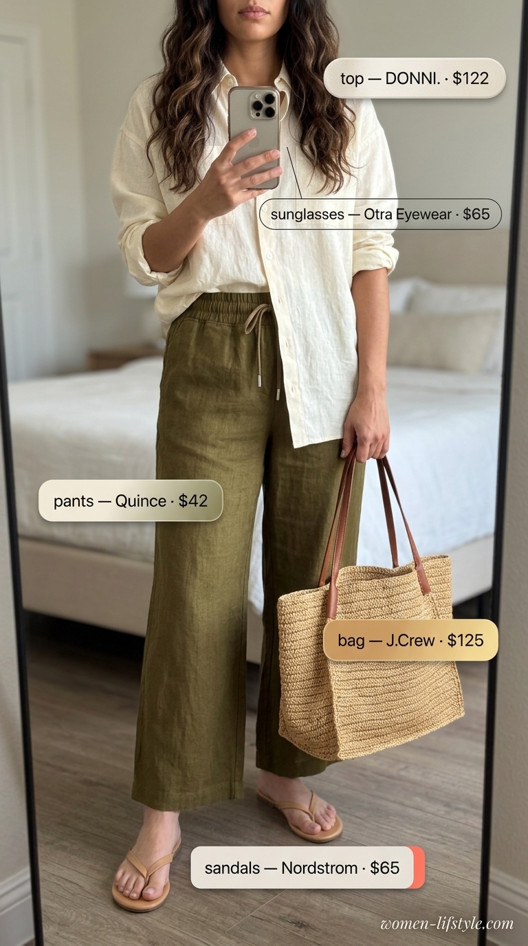 Weekend Getaway linen set: Olive green pants, cream shirt, tan sandals. Casual summer outfits with sandals 2026.