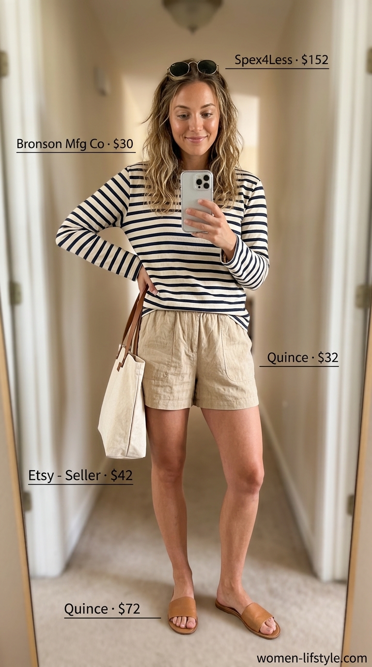 Casual summer outfits with sandals 2026: Linen shorts, breton tee, canvas tote, tan sandals, sunglasses.