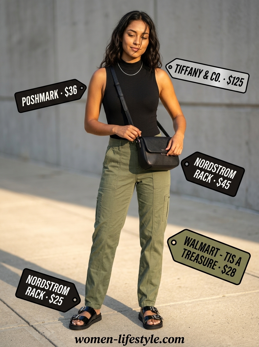 Casual summer outfits with sandals 2026: Olive cargo pants, black bodysuit, flat sandals, and crossbody bag.