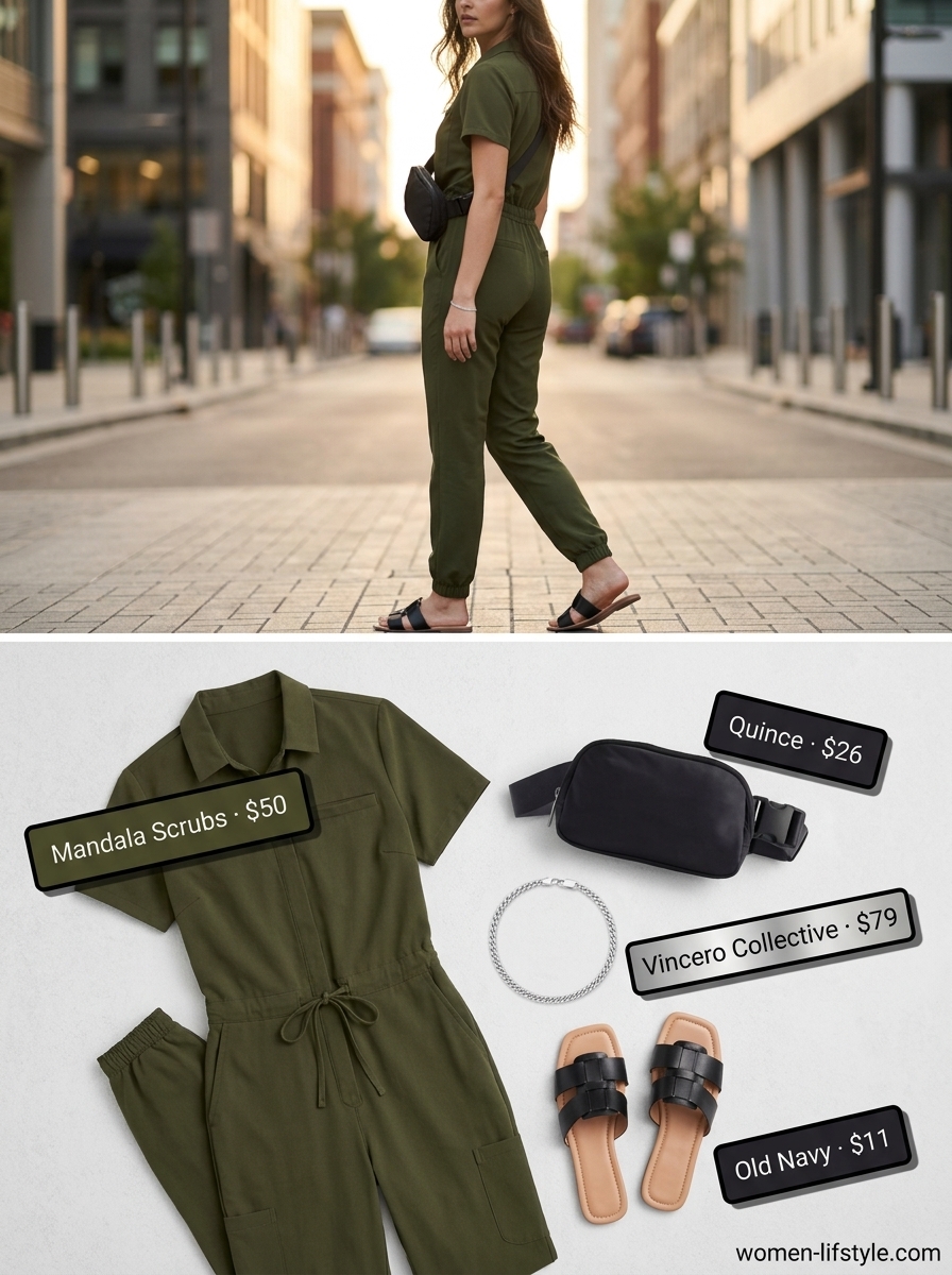 Casual summer outfits with sandals 2026: Olive utility jumpsuit, black sandals, belt bag, silver bracelet.