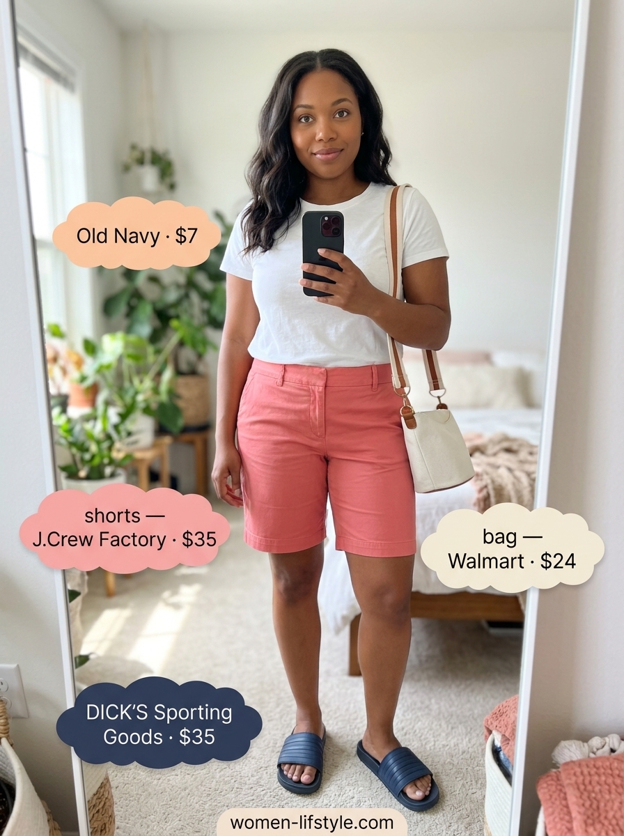 Playful summer outfit 2026: Coral pink shorts, white tee, and navy sporty slide sandals.