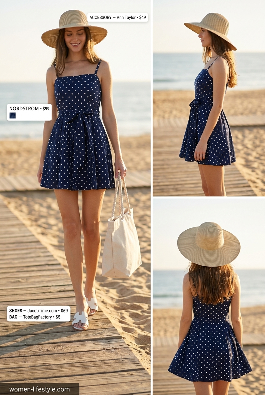 Poolside Chic sundress: Navy polka dot dress, white sandals, straw hat. Casual summer outfits with sandals 2026.
