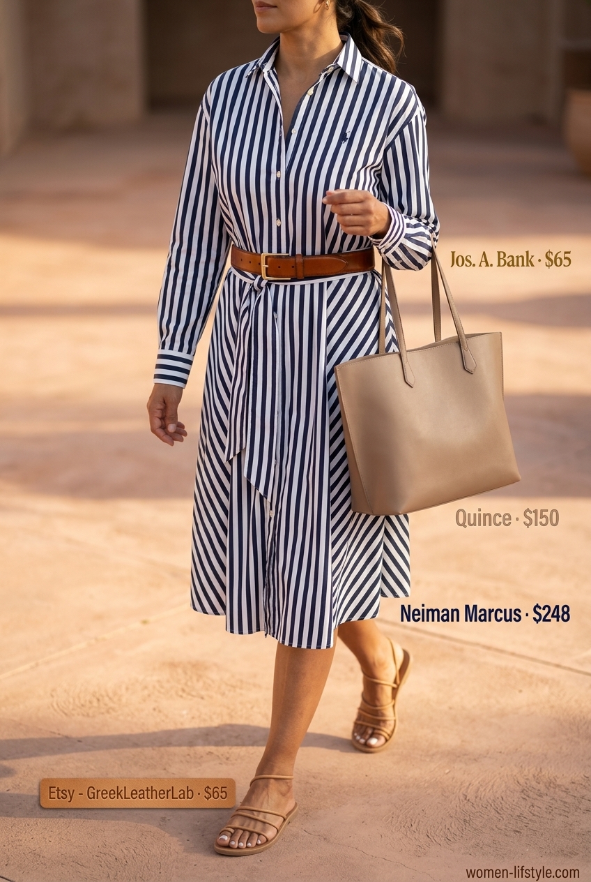 Effortless Shirtdress: Navy stripe shirtdress, tan belt, tan sandals. Casual summer outfits with sandals 2026.