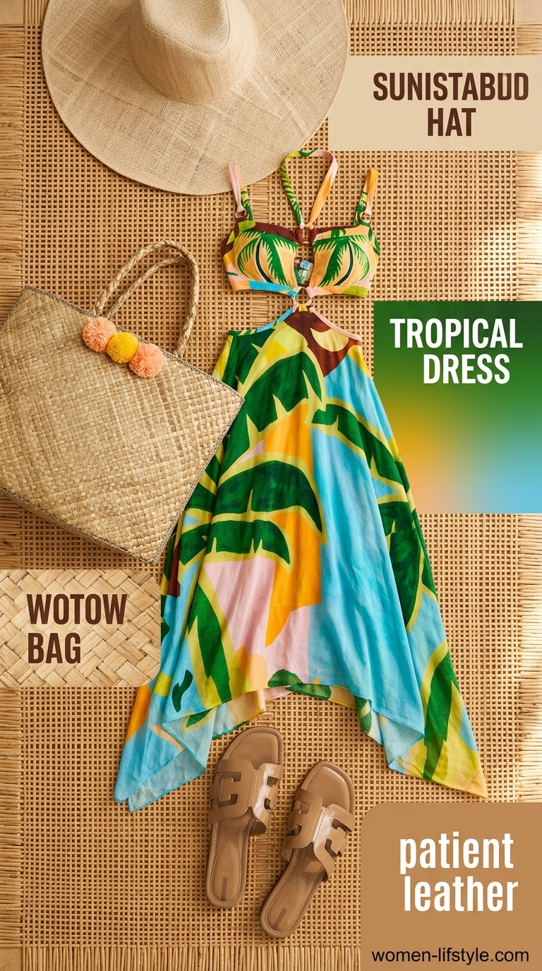 Vacation Mode Maxi Dress: Tropical print dress, straw hat, tan slide sandals. Casual summer outfits with sandals 2026.