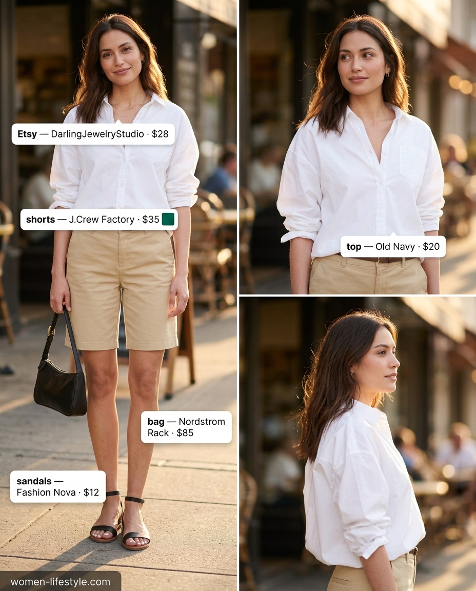 Sophisticated summer outfit 2026: Khaki Bermuda shorts, crisp white shirt, and versatile black sandals.