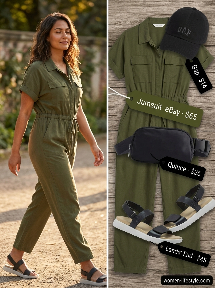 Weekend Getaway jumpsuit: Olive green utility jumpsuit, black sandals, baseball cap. Casual summer outfits with sandals 2026.