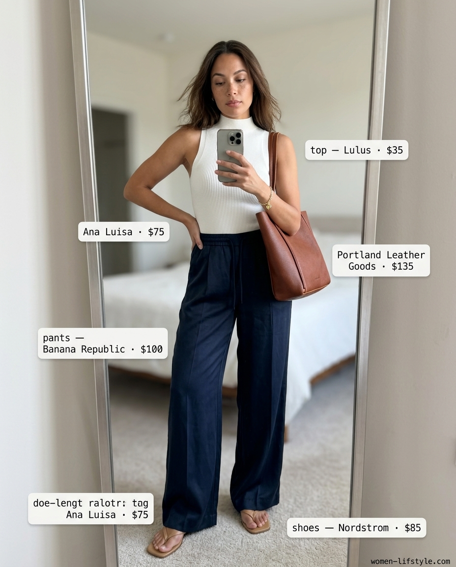 Chic City Stroll pants: Navy wide-leg pants, white tank, square-toe sandals. Casual summer outfits with sandals 2026.